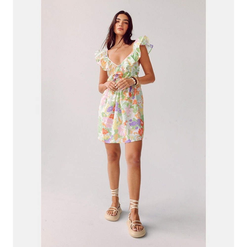 NWT Nasty Gal Ruffle Floral Plunge Tie Back Mini Dress Size 4 Multicolor Resort